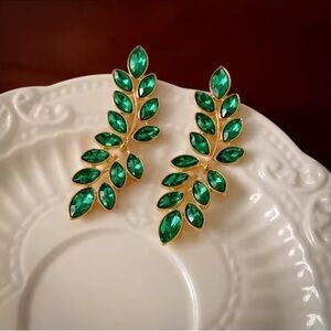 Green Crystal Leaf Gold Earrings